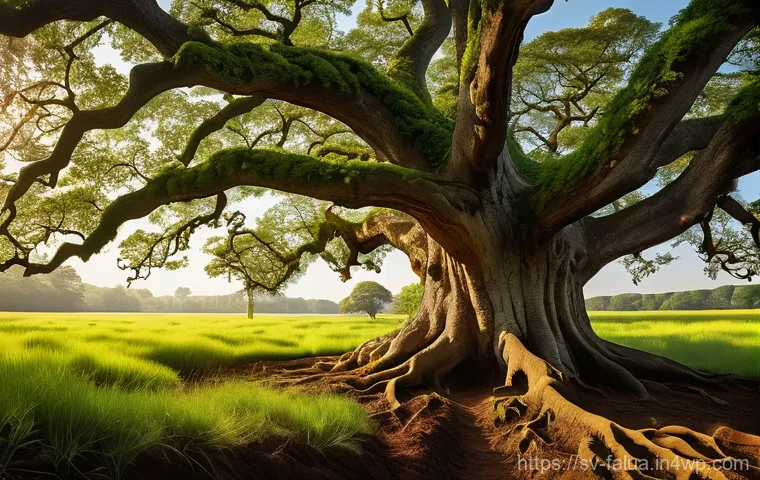 시간 가치 분석을 통한 투자 성과 평가 - **"The Power of Time and Compounding Interest"**: A majestic, ancient oak tree with roots deeply int...