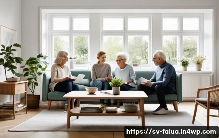 시간 가치를 활용한 상속 계획 - A serene family meeting scene in a modern Swedish living room with natural light streaming through l...